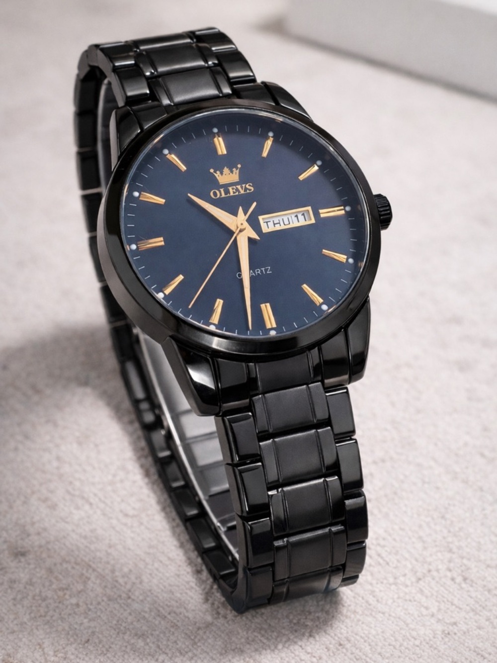 OLEVS Black Stainless Steel Men's Watch with Blue Dial